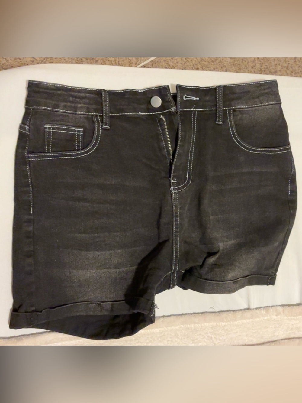 Black Denim Shorts with Contrast Stitching